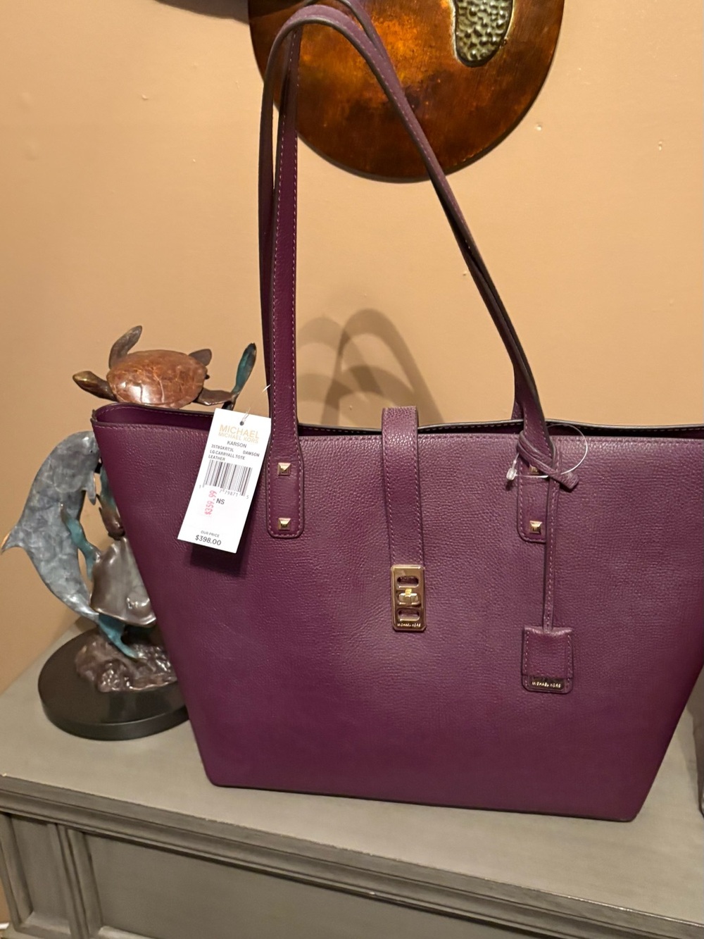 Michael Kors Plum Textured Leather Shoulder Tote with Gold Hardware